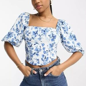 Abercrombie & Fitch Blue and White Floral Square-Neck Puff Sleeve Corset Top